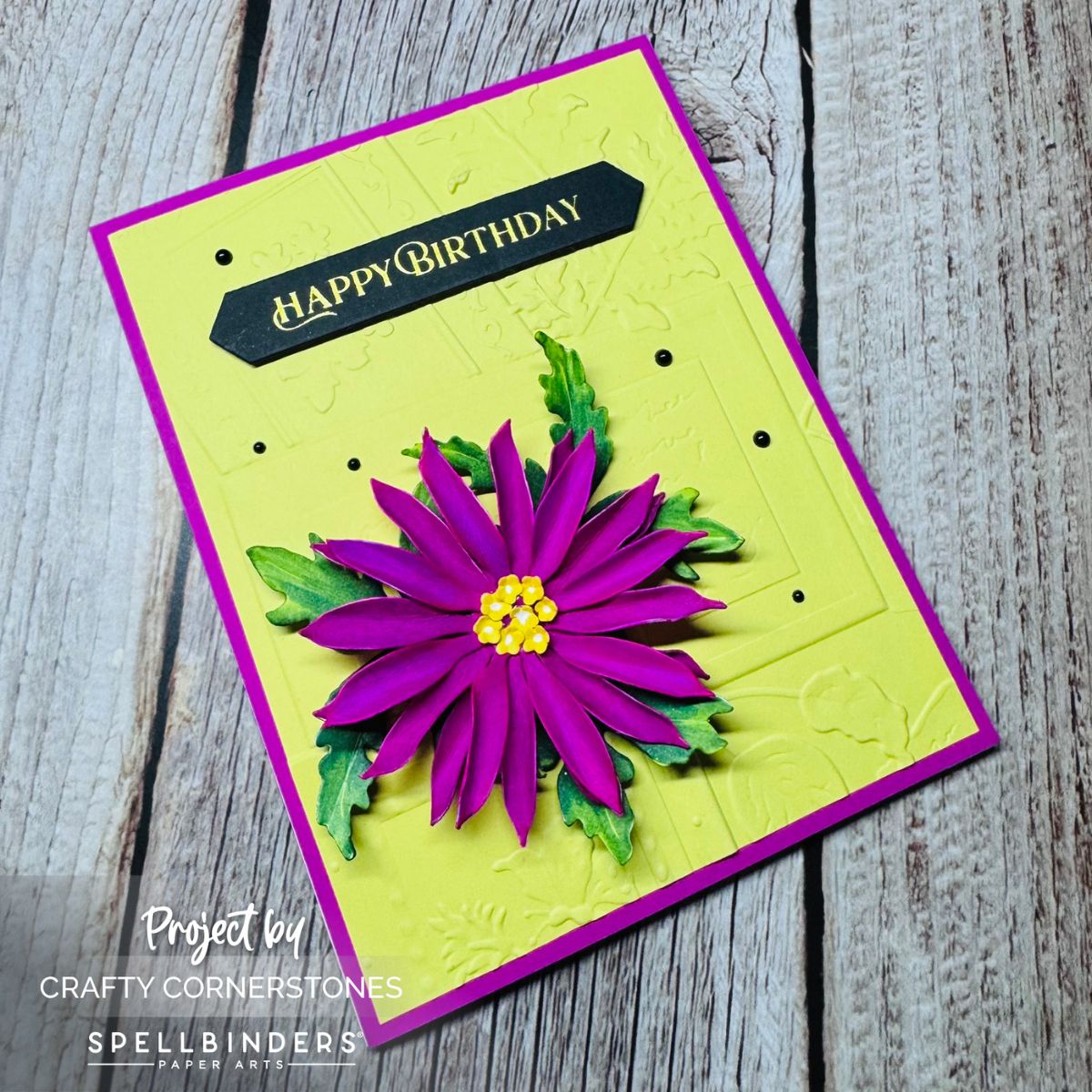 Handmade birthday card featuring Spellbinders Ode to Poet 3D Embossing Folder and Astrantia Die Set with dimensional purple flower and gold foiled sentiment.