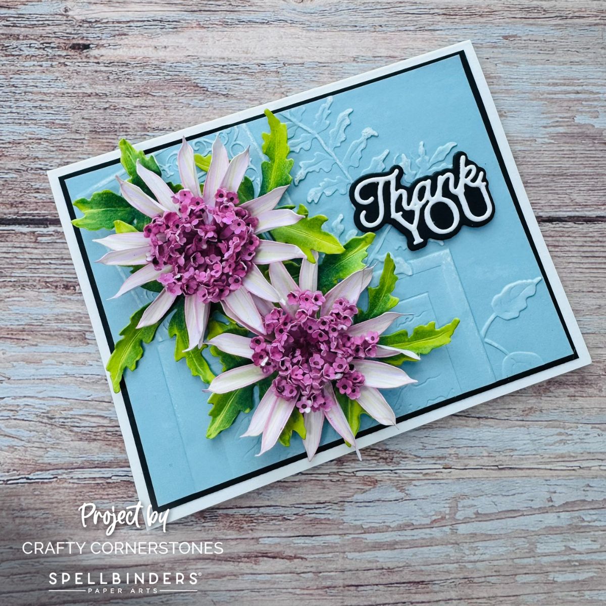 Handmade 3D thank‑you card featuring Astrantia flowers from Spellbinders Serenity Garden Collection
