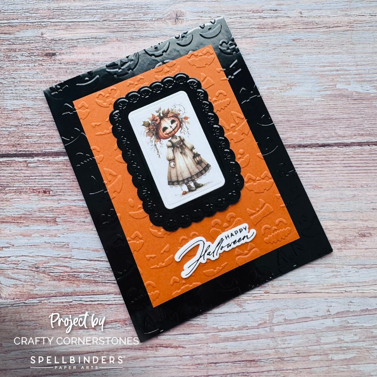 Handmade Halloween card featuring Spellbinders Scalloped Frames 3D Emboss and Cut Folder with layered embossing and foiled sentiment.