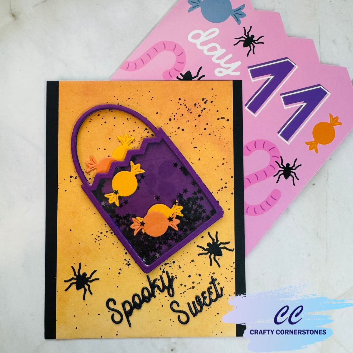 Finished Halloween shaker treat bag card with “Spooky Sweet” sentiment